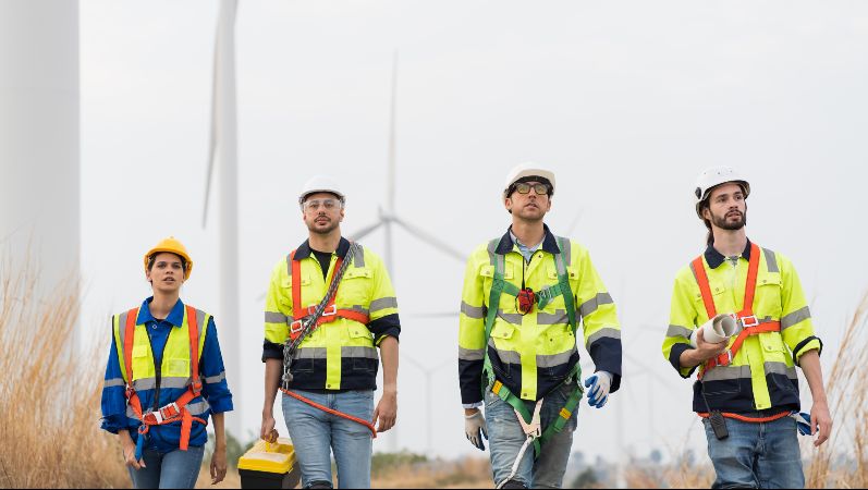 Vier Arbeiter*innen laufen aus einem Windpark.